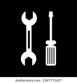 Repair service, wrench and screwdriver, tools. White icon on black background. Inversion