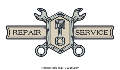 Repair Service. Wrenches and pistons. Auto emblem.