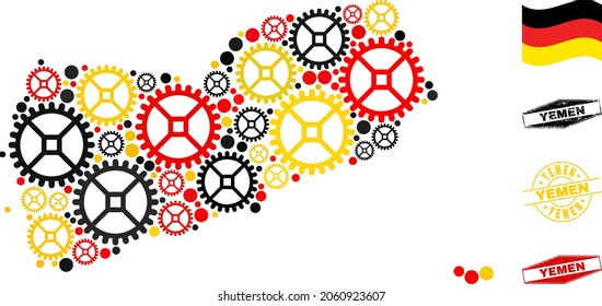 Repair service Yemen map collage and stamps. Vector collage is created from repair workshop items in variable sizes, and German flag official colors - red, yellow, black.