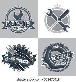 Repair service's emblem template. Logo for mechanic workshop with tools - wrench, screw, pliers, crossed wrench and screwdriver. Vector illustration