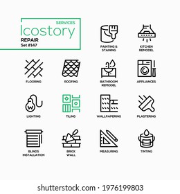 Repair services - line design style icons set. House remodeling and maintenance idea. Images of tools, wallpapers, appliances. Painting, flooring, roofing, plastering, brick wall, measuring, tinting