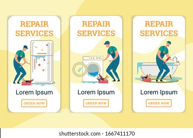 Repair Services Mobile App Page Onboard Screen Set for Website, Repairman Fixing Leakage at Broken Refrigerator, Washing Machine and Bath Tub. Call Master Working Cartoon Flat Vector Illustration