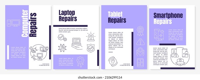 Repair services purple brochure template. Laptop and pc. Booklet print design with linear icons. Vector layouts for presentation, annual reports, ads. Anton-Regular, Lato-Regular fonts used