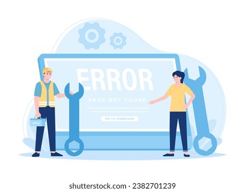 Repair services with technical and laptop support technicians trending concept flat illustration