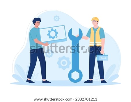 Repair services with technical and laptop support technicians trending concept flat illustration