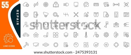 Repair and servicing line  icons set. Setup and setting, fix, setting, help, operation, gear, processing, tools outline icon collection. Thin outline icons pack.