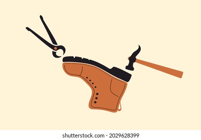 Repair shoe. Bootmaker, shoemaker, cobbler, shoemaker's hammer and pincers. Boot, footwear image color. Tailored handmade shoe. Сustom shoe atelier, workshop. Color flat vector illustration. Isolated.