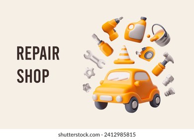 Repair shop concept, 3d vector illustration. Cute cartoon toy machine and tools around it, equipment for repair. Volumetric and realistic 3D poster, objects in plastic effect