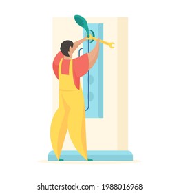 Repair shower stall. Man in uniform screwing watering can shower with wrench. By hand installation new plumbing. Professional plumbing service with repair any complexity. Vector flat illustration