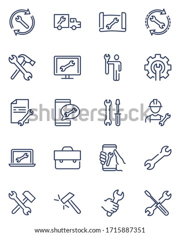 Repair signs thin icon set. Wrench symbol, spanner in human hand, on screen, on truck, maintenance tools, toolkit. Line icons for technical support, service, engineering, setup concept