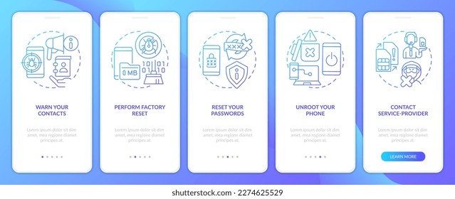 Repair smartphone after hacking blue gradient onboarding mobile app screen. Walkthrough 5 steps graphic instructions with linear concepts. UI, UX, GUI template. Myriad Pro-Bold, Regular fonts used