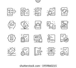 Repair smartphone. Checking the phone. Smartphone crashed. Phone protection. Screwdriver, fixing, engineer, mobile and hardware. Pixel Perfect Vector Thin Line Icons. Simple Minimal Pictogram