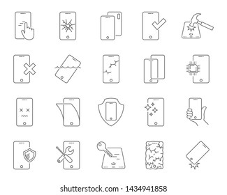 Repair of smartphones icons set. Breakage and protection of the smartphone, thin line design. Repair Center. Editable stroke. EPS 10