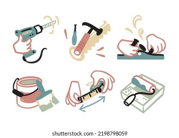 Repair stickers. Drill, hammer, saw, screwdriver, planer, carpenter, paint can, brush, measuring tape, roller. Vector doodle cartoon style.