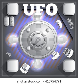 Repair and study unidentified flying object.  View from above. Vector illustration.