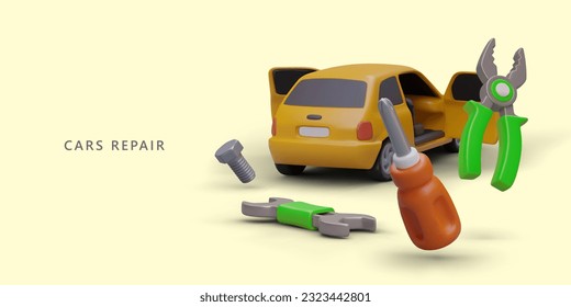 Repair and support of 4 wheeled passenger vehicles. Expert services. Realistic car with open door, pliers, screwdriver, bolt, wrench. Ready template for web design, flyer, billboard