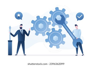 Repair, support service. Male characters holds instruments. Repair team with wrench and screwdriver. Funny businessman and repairman. Technicians fixing gears. Broken mechanism. Vector illustration