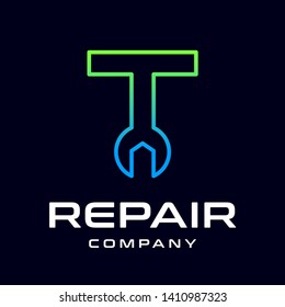 Repair T letter vector logo template. This font use wrench symbol. Suitable for technology, mechanic, or automotive business.