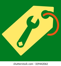 Repair Tag vector icon. Style is bicolor flat symbol, orange and yellow colors, rounded angles, green background.