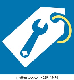 Repair Tag vector icon. Style is bicolor flat symbol, yellow and white colors, rounded angles, blue background.