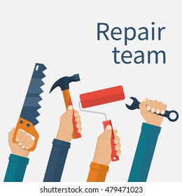 Repair team concept. Group workers with tools in his hands. Vector illustration flat design.