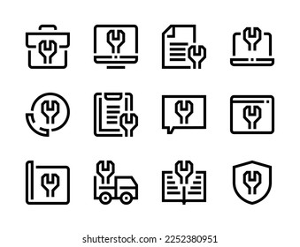 Repair and Technical documentation line vector icons. Wrench, Workshop and Support service editable stroke outline icon set.