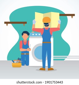 repair technician repairing a washing machine and reading a plan white background, flat style, vector illustration