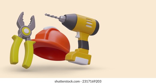 Repair time. Hand tools for construction and personal protection items. 3D figurines in plasticine style. Volumetric color illustration with space for text