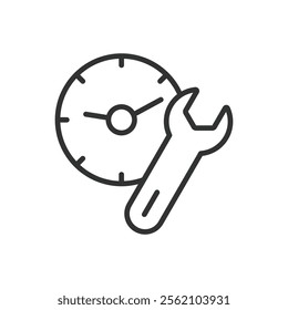 Repair time, icon in line design. Repair time, clock, wrench, maintenance, tools, schedule, fixing on white background vector. Repair time editable stroke icon