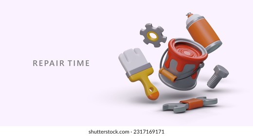 Repair time. Removal of minor damage, painting. Hand tools, brushes, paint in bucket, aerosol. Large selection of products. Cosmetic repair. Color banner for web page, site