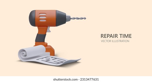 Repair time. Template with electric drill and floor plan. Professional wall drilling. Services of builders. Restoration and redesign. Banner in cartoon style