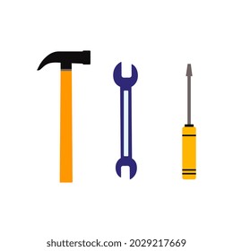 Repair tool cartoon icons set including hammer, wrench and spanner, flat vector illustration isolated on white background. Repair and construction tools.