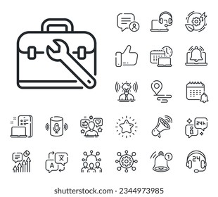 Repair tool case sign. Place location, technology and smart speaker outline icons. Spanner tool line icon. Fix instruments symbol. Tool case line sign. Influencer, brand ambassador icon. Vector