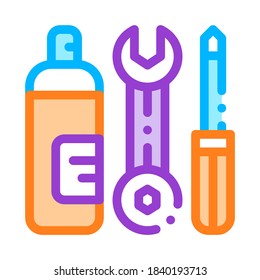 Repair Tool Conditioner Vector Thin Line Icon. Equipment For Diagnosis And Repair Engineer Wrench Screwdriver And Oiling Linear Pictogram. Air Conditioning Maintenance Illustration
