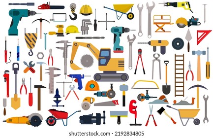 Repair tool icon service and setting work equipment sign isolated set. Construction workshop vector illustration. Fix mechanic symbol and engineering maintenance hardware. Industry instrument builder