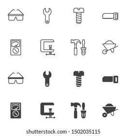Repair tool icon set, line and glyph version, outline and filled vector sign. linear and full pictogram. Symbol logo illustration. Set includes icons as clamp, wrench, hammer, screwdriver, wheelbarrow