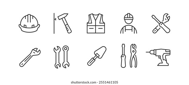 Repair tool icons. Set of 10 trendy minimal icons including wrench, screwdriver, tape measure, and more. Design signs for web page, mobile app, packaging design. Vector illustration.