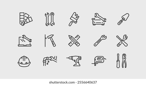 Repair tool icons. Set of 15 trendy minimal icons including wrench, screwdriver, tape measure, and more. Design signs for web page, mobile app, packaging design. Vector illustration.