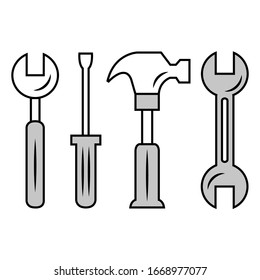 Repair tool kit: wrenches, hammer, flat head screwdriver