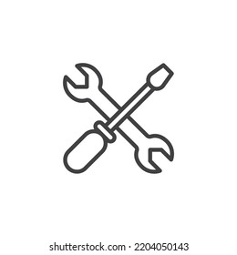 Repair tool line icon. linear style sign for mobile concept and web design. Crossed spanner and screwdriver outline vector icon. Symbol, logo illustration. Vector graphics