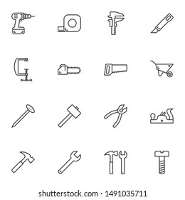 Repair tool line icons set. linear style symbols collection, outline signs pack. vector graphics. Set includes icons as electric drill, screwdriver, measure tape, pliers, hammer, nail, saw, knife
