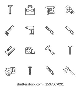 Repair tool line icons set. linear style symbols collection outline signs pack. vector graphics. Set includes icons as hammer drill, tool box, hand saw, screw bolt, electric screwdriver, measure tape