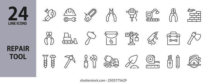 Repair Tool line icons set with Grinder, Tool, Helmet, Axe, Construction, Screwdriver, Spanner, Saw and more. Editable Stroke