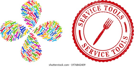 Repair tool multi colored centrifugal flower with four petals, and red round SERVICE TOOLS rough rubber print. Repair tool symbol inside round rubber print.