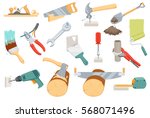 Repair tool. Sawing saw, hammer nail, dig shovel, paint brush, roller, cut wire cutters, tighten nut wrench, spanner, spatula putty knife, tighten screw screwdriver, drill, ax chopping, measuring tape