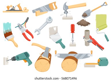 Repair tool. Sawing saw, hammer nail, dig shovel, paint brush, roller, cut wire cutters, tighten nut wrench, spanner, spatula putty knife, tighten screw screwdriver, drill, ax chopping, measuring tape