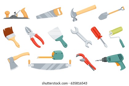 Repair tool. Sawing saw, hammer nail, dig shovel, paint brush, roller, cut wire cutters, tighten nut wrench, spanner, spatula putty knife, tighten screw screwdriver, drill, ax chopping, measuring tape