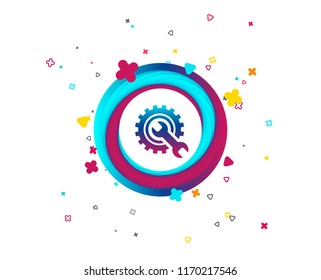 Repair tool sign icon. Service symbol. Hammer with wrench. Colorful button with icon. Geometric elements. Vector