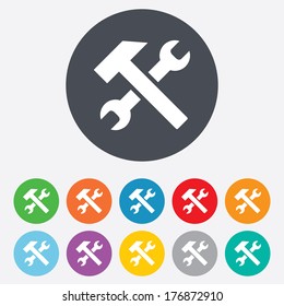 Repair tool sign icon. Service symbol. Hammer with wrench. Round colourful 11 buttons. Vector