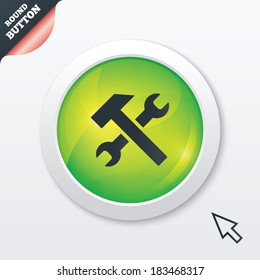 Repair tool sign icon. Service symbol. Hammer with wrench. Green shiny button. Modern UI website button with mouse cursor pointer. Vector
